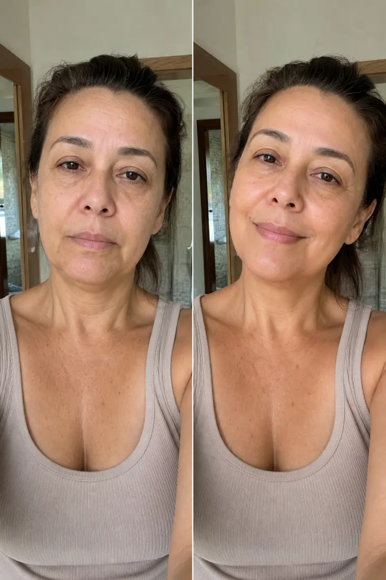 Comparativo de antes e depois de uma mulher brasileira madura em selfie caseira